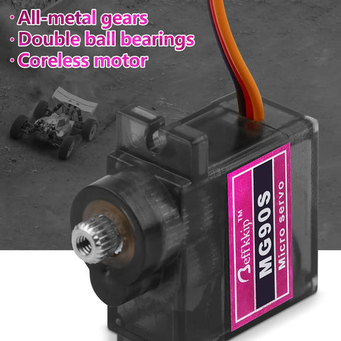 Close-up of MG90S 9g Micro Servo Motor with metal gear, double ball bearings, and coreless motor, ideal for RC cars and projects.