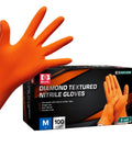 Hella Tough 8 Mil Nitrile Mechanic Gloves With Raised Diamond Texture Heavy Duty Disposable Work Gear Puncture Resistant Grease Slayer Case Of One Hundred Orange Medium displayed beside packaging.