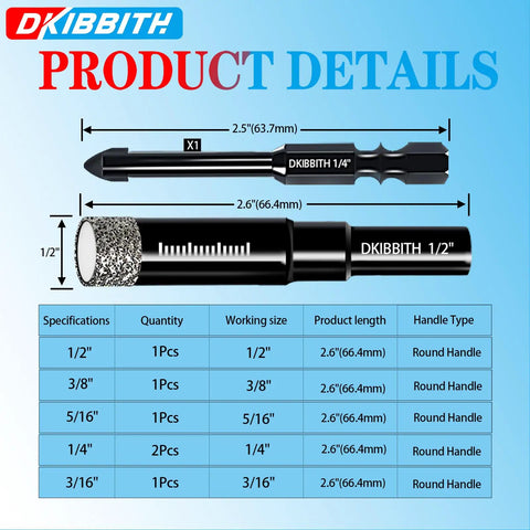 Image showing the Seven Piece Diamond Drill Bit Set For Ceramic Porcelain Marble Granite And Glass With Dry Core Bits And Wax Lubricant For Cool Cutting Round Shank Three Sixteenth Inch One Quarter Inch X2 Five Sixteenth Inch Three Eighths Inch One Half Inch, including specifications and measurements.
