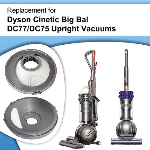 Two Pack UP14 Pre-Motor Filter Replacement for Cinetic Big Ball DC77 DC75 Upright Vacuums, compatible parts shown with vacuum