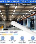 Rugged Four Foot Vapor Tight Shop Light With 40W 50W 60W Selectable Power And 3000K To 5000K Tunable CCT IP66 Waterproof ETL Listed