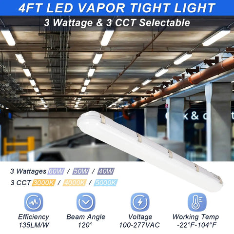 Rugged Four Foot Vapor Tight Shop Light With 40W 50W 60W Selectable Power And 3000K To 5000K Tunable CCT IP66 Waterproof ETL Listed