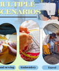 Scenes showing uses of Gourd Shaped Needle Threaders Set with Clear Storage Box, 30 Pcs for hand sewing, embroidery, and travel.