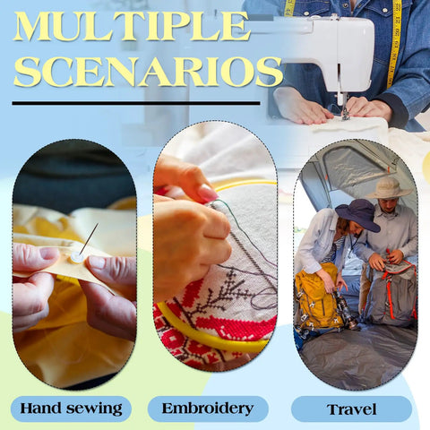 Scenes showing uses of Gourd Shaped Needle Threaders Set with Clear Storage Box, 30 Pcs for hand sewing, embroidery, and travel.