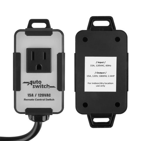 Wireless Remote Control Dust Collector Starter Outlet Switch 120 Volt Battery Included Lets You Start And Stop Your Dust Collector From Anywhere In The Shop PTA09 - front and back views of the 120V switch unit.