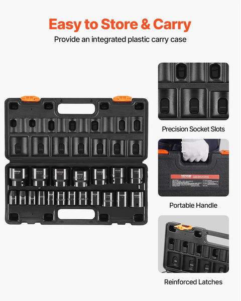 Beefy 1/2 Inch Drive 19 Piece Impact Socket Set With 6 Point Hex Sockets, case with precision slots and handle