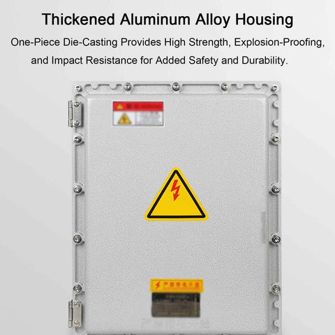 Front view of outdoor waterproof explosion-proof electrical box with hinged cover and gray metal housing.
