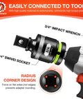 3/4 Inch Drive Universal Joint Socket Adapter Set showing CR-MO swivel socket attached to 3/4" impact wrench for tight spaces.