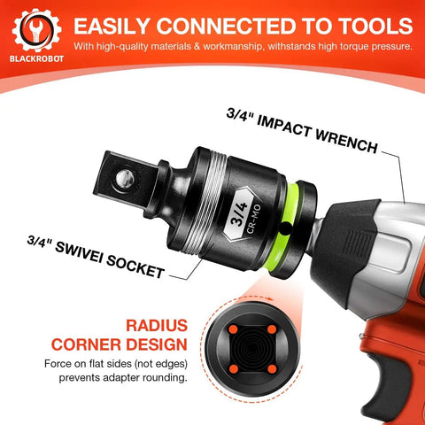 3/4 Inch Drive Universal Joint Socket Adapter Set showing CR-MO swivel socket attached to 3/4" impact wrench for tight spaces.
