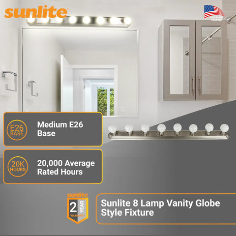 6-Lamp Wall Mounted Vanity Light Fixture In Brushed Nickel Finish, 36 Inch Wide, E26 Medium Base Sockets, bathroom setting.