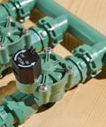 Heavy Duty 3 Valve Preassembled Irrigation Manifold With Swivel Unions For Quick No Fuss Multi Zone Valve Systems And Easy Drip Filter Or Pressure Regulator Additions, detailed view of valves with swivel unions