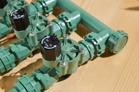 Heavy Duty 3 Valve Preassembled Irrigation Manifold With Swivel Unions For Quick No Fuss Multi Zone Valve Systems And Easy Drip Filter Or Pressure Regulator Additions, detailed view of valves with swivel unions