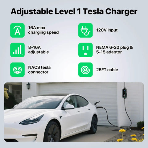 Adjustable Level 1 Tesla Charger with 25FT cable, NACS connector for Tesla Model 3, 120V input, 16A max charging speed.