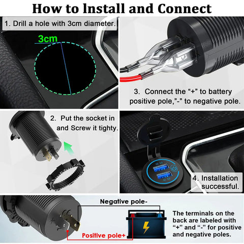 Installation guide for Dual Quick Charge 3.0 Auto Charger With Responsive Touch Switch Plus 12V Accessory Socket.