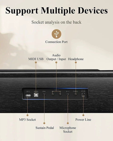 Back view of 61 Key Starter Keyboard Piano With Classic Wooden Frame Electric Digital Piano Sustain Pedal Music Stand USB MP3 Audio Mic and Headphone Support Kid Friendly Gift For Girls Daughter Birthday showing ports