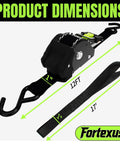 Self Retracting Ratchet Straps 4 Pack Lock It Down Heavy Duty Tie Down Strap For Pickup Truck Cargo Trailer Motorcycle Atv Utv With Killer Grip Robust Breaking Strength Secure Your Haul Tangle Free System Black One Inch By Twelve Feet showing dimensions 1 inch width and 12 feet length.
