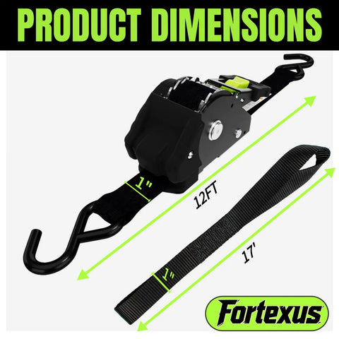 Self Retracting Ratchet Straps 4 Pack Lock It Down Heavy Duty Tie Down Strap For Pickup Truck Cargo Trailer Motorcycle Atv Utv With Killer Grip Robust Breaking Strength Secure Your Haul Tangle Free System Black One Inch By Twelve Feet showing dimensions 1 inch width and 12 feet length.