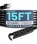 15 Foot 16 Gauge 3 Outlet Outdoor Extension Cord Waterproof Black Tough As Nails Power Cable With Three Prongs SJTW ETL Listed 125V 13A 1625W Multi Outlet shown coiled with three outlets visible