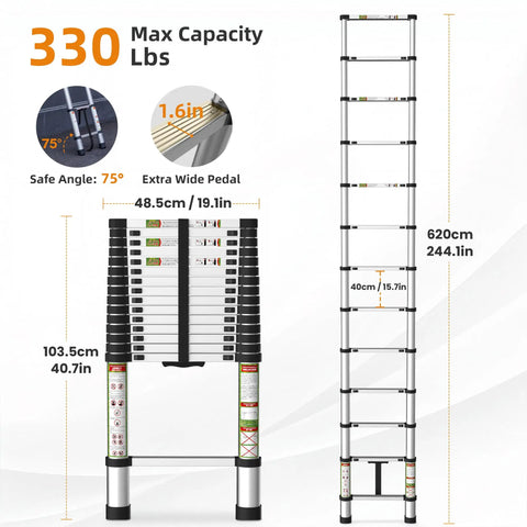 Telescoping Aluminum Ladder For RV And Attic 20.3 Ft Extension With Dual Locking System 330 Lb Load Ultra Compact Space Saving Foldable Design For Roofs Home Travel Trailer And Multi Surface Use, 620cm extended
