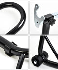 Close-up of Heavy Duty Motorcycle Rear Wheel Lift Stand For Universal Sport Bikes Swingarm Spool Paddock Stand Combo With Sturdy Steel Frame And Rustproof Black Finish showing handle, bracket, frame, and wheels.