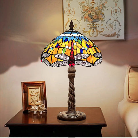 Grapefruit Orange Dragonfly Tiffany Style Table Lamp For Small Spaces Reading Desk Light 12 Inch Shade And 20 Inch Tall Handcrafted Resin Base