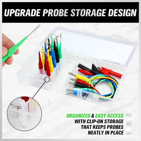 22 Piece Back Probe Kit With Multimeter Probes Test Leads And Alligator Clips For Auto Electrical Diagnostics organized in storage case
