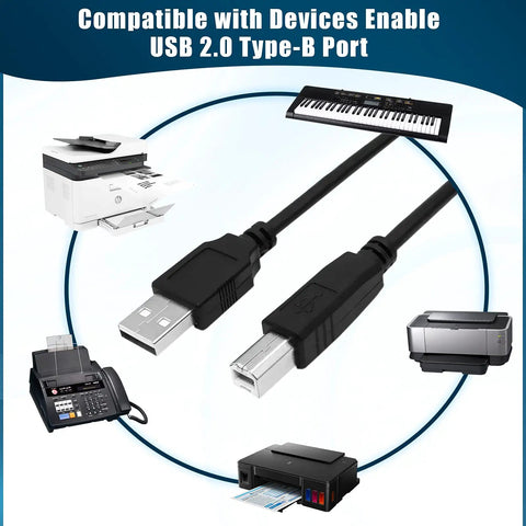 Tough As Nails 10Ft Usb A To B Male Cable Cord Plug And Play Data Sync Wire with printers and keyboards in background.