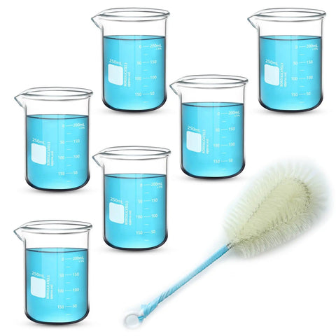 Image of Six Piece 250ml Borosilicate 3.3 Glass Beaker Set with White Double Scale Graduation Heavy Duty Low Form Lab Beakers and cleaning brush