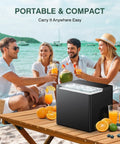 Friends enjoying drinks at the beach with a Portable Countertop Ice Maker That Churns Out 9 Ice Cubes In 6 Minutes, Obsidian Black