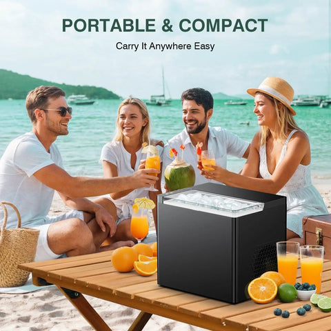 Friends enjoying drinks at the beach with a Portable Countertop Ice Maker That Churns Out 9 Ice Cubes In 6 Minutes, Obsidian Black