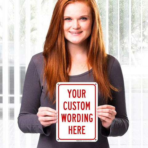 Woman holding Personalized Metal Sign With Red Border For Office Home Business And Airbnb 10 By 7 Inches Rust Free Aluminum Weather Resistant