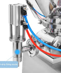Close-up of anti-drip filling nozzle on Heavy Duty Pneumatic Filling Machine With Heating Mixer And Single Nozzle Stainless Steel Paste Liquid Bottle Filler.
