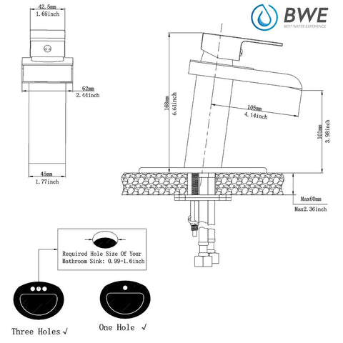 Technical drawing of Waterfall Bathroom Faucet Chrome Finish Modern Single Hole Lavatory Sink Mixer Tap Brass Construction With Supply Hose Polished Chrome Vanity Faucet For Easy Install No Fuss Bathroom Remodel