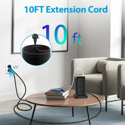 Beefy Power Strip Tower With USB Ports And Surge Protector 12 Outlets 10 ft cord in living room setup with coffee table and couch.