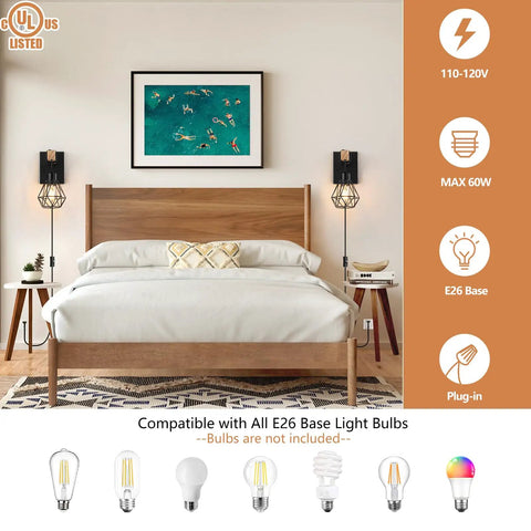 Killer Plug In Wall Sconces Set Of Two With Vintage Wood Accents And Matte Black Bases serving as bedside lighting in modern bedroom.