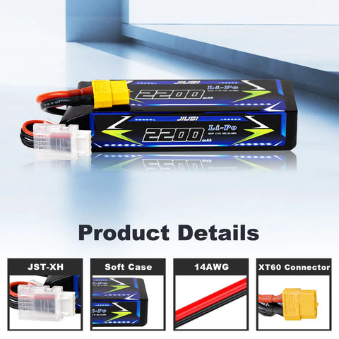 3S 11.1V 2200mAh LiPo Battery With XT60 Connector for RC Cars and Trucks, shown with JST-XH connector and soft case
