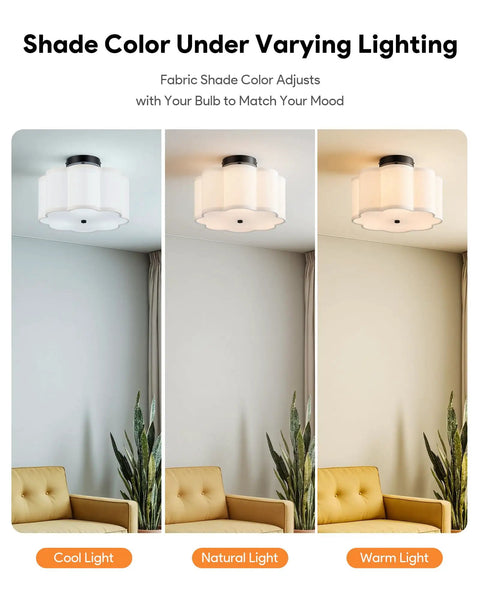 Three Light Semi Flush Mount Ceiling Light Fixture In Black Finish With White Fabric Drum Shade under cool, natural, warm light