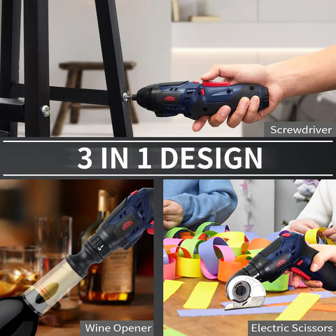 3 In 1 Cardboard Cutter, Cordless Screwdriver And Wine Opener Kit demonstrating usage for DIY, wine opening, and cutting tasks.