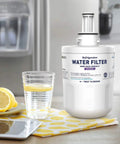 Premium Refrigerator Water Filter Cartridge Pack of 3 with Coconut Shell Activated Carbon next to glass and lemons