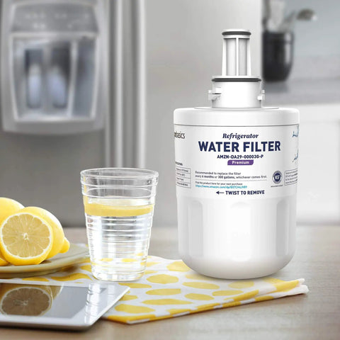 Premium Refrigerator Water Filter Cartridge Pack of 3 with Coconut Shell Activated Carbon next to glass and lemons