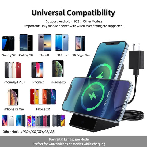 Universal compatibility USB charger for wireless charging shown with compatible phone models, Stealthy Hidden Spy Cameras With Wireless Charger 1080P HD Mini Nanny Cam For Home Office Surveillance Compact Hidden Camera With Motion Detection Easy Setup Real Time Monitoring USB Charger Compatible