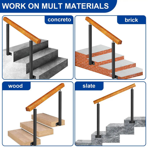 Adjustable Wooden Railing Kit For Outdoor Steps And Porch With Dang Tough Wrought Iron Brackets and sleek powder coated posts working on multiple materials.
