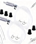 Two Pack Brake Bleeder Hose Kit With One Way Check Valve For Car And Motorcycle Clutch Bleeding Includes Hoses Clamps Pressure Relief Nuts Nozzle Cap And Universal Hydraulic Brake Fluid Bleeder Tool components laid out