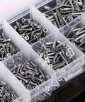 Premium DIY Self Tapping Screws Set With Screwdriver For Woodworking, visible stainless steel screws in compartmentalized box