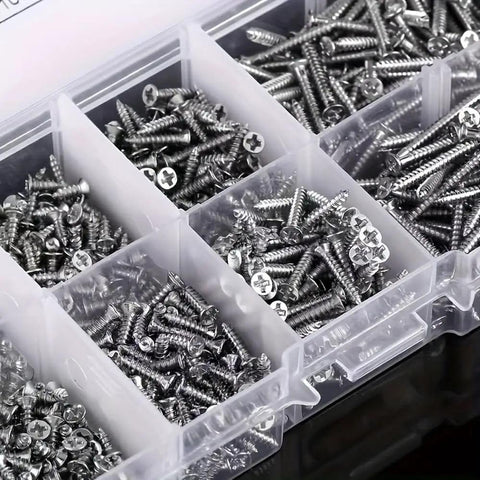 Premium DIY Self Tapping Screws Set With Screwdriver For Woodworking, visible stainless steel screws in compartmentalized box