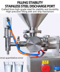 Smooth Operator Pneumatic Bottle Filler Machine With Heavy Gauge Stainless Steel Hopper And No Sweat Anti Drip Spout For Quick Commercial Liquid And Paste Workloads showing stainless steel discharge port and hose connections.