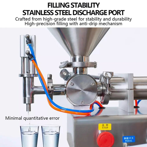 Smooth Operator Pneumatic Bottle Filler Machine With Heavy Gauge Stainless Steel Hopper And No Sweat Anti Drip Spout For Quick Commercial Liquid And Paste Workloads showing stainless steel discharge port and hose connections.