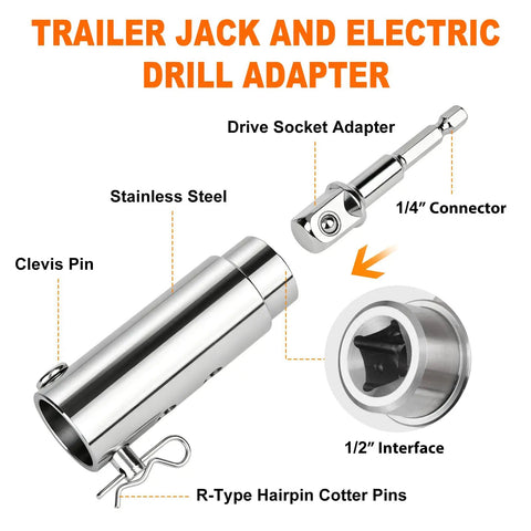 Heavy Duty Trailer Jack Drill Adapter Compatible With One Inch Drive Shaft Electric Crank Converter For Rv And Camper with stainless steel build.
