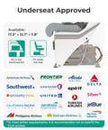 Diagram of underseat carry on luggage dimensions with airline compatibility list.