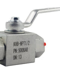 Angled side view of 1/2 in NPT high-pressure hydraulic ball valve with lever, metal body and red port seals